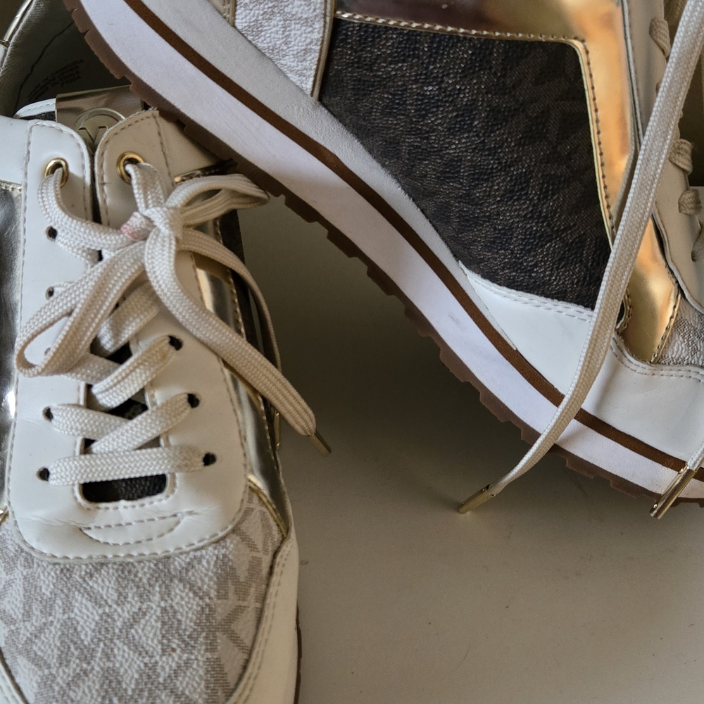 Michael Kors White and Gold Sneakers with Monogram Design